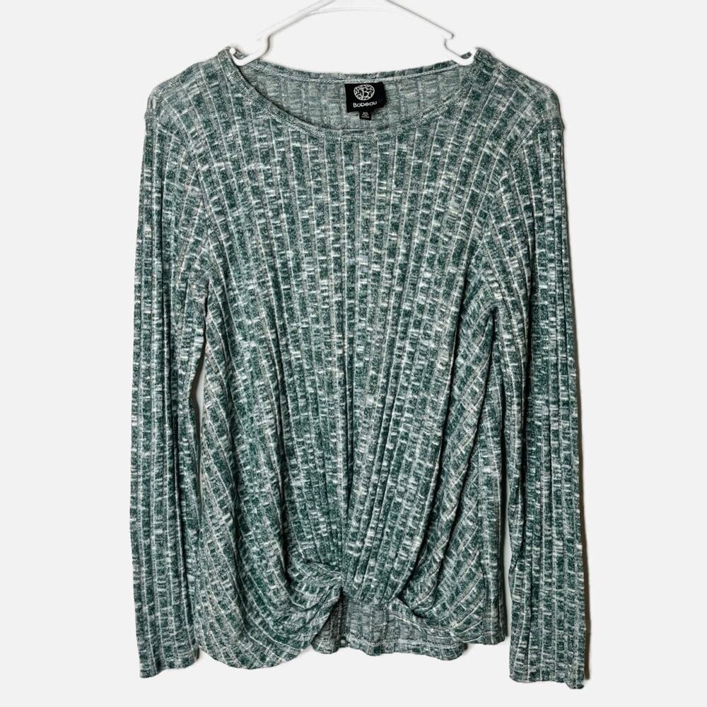 Bobeau Women's Knit Top Size XS Heathered Green Knot Front Ribbed Long Sleeve - Picture 2 of 7